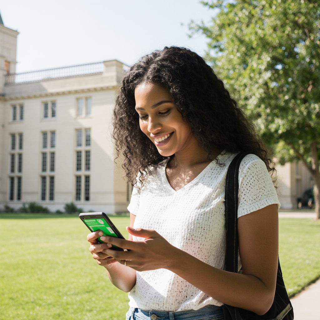 a_diverse_female_university_student_walking_across_a_sunny_green_campus_lawn_looking_down_at_her_sma_1010f5a5-ec48-4d58-bc39-32ce67220ec2 (1)